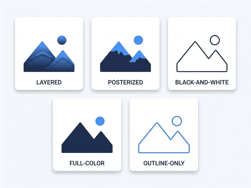Five tracing modes side by side: layered, posterized, black-and-white, color, and outline